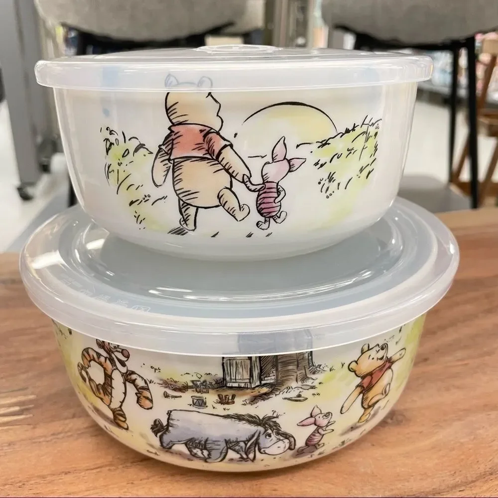 NWT Disney 2 Pc Winnie the Pooh Ceramic White Vented Food container 2 Pieces Set